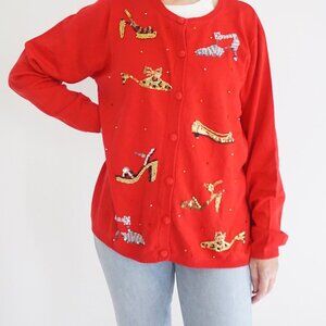 Quacker Factory Red Beaded High Heels Button Up Cardigan Sweater Retro Beaded L